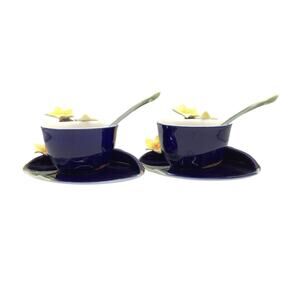 Sorelle Fine Porcelain Tea Set Yellow Jasmine Flowers - Cobalt Blue 6 Piece